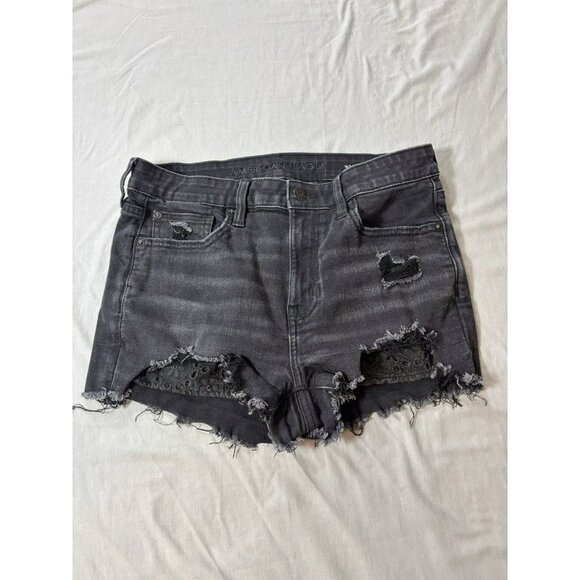American Eagle Women’s Black Denim Shorts Sz 8 Super Stretch Cut-Off Distressed - Picture 1 of 6